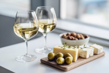 Uppdukat bord med ost, oliver och nötter bredvid glas vitt vin