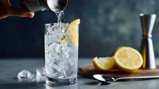 Gin hälls ur jigger över iskuber i ett highballglas