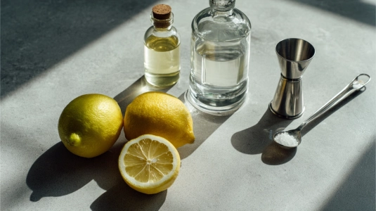 Gin, färska citroner, sockerlag och jigger uppställda för Tom Collins