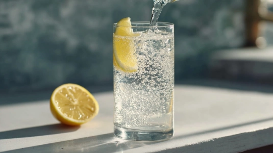 Sodavatten hälls längs glasets insida i en Tom Collins