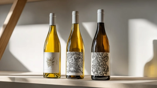 Tre flaskor Sauvignon Blanc uppställda på en enkel hylla