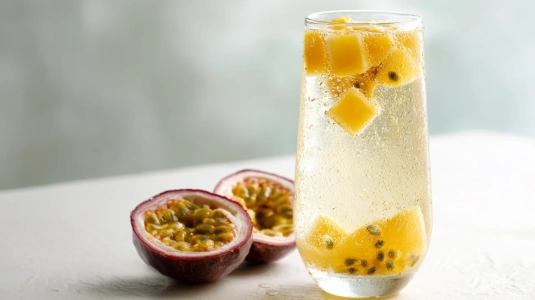 Tropisk cava sangria med mango och passionsfrukt i glas