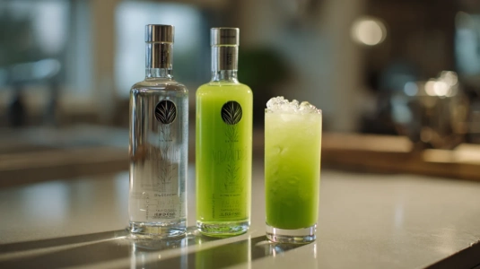 Absolut Vanilia och Sourz Apple bredvid ett färdigblandat P2-glas