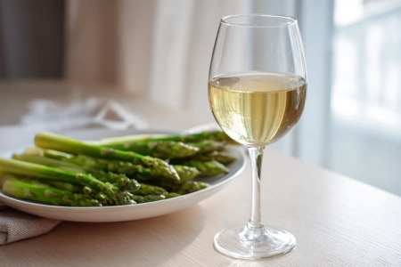 Glas torr riesling bredvid en tallrik med tillagad sparris