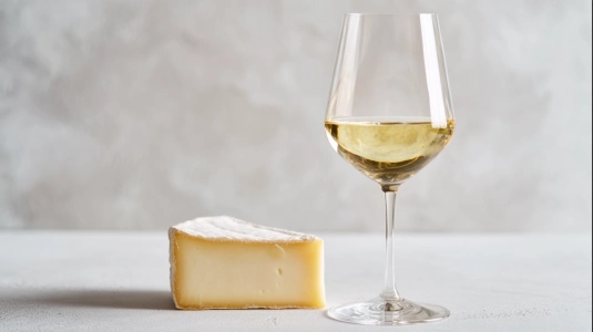 Glas med vitt vin bredvid en bit brie på en enkel yta