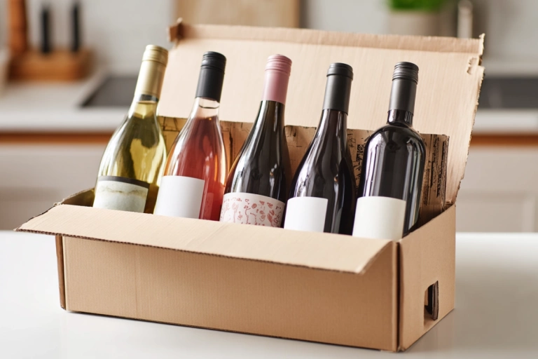 Vinbox med kurerade flaskor redo för leverans