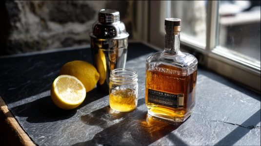 Bourbon, färsk citron, sockerlag och bostonshaker uppställda för Whiskey Sour