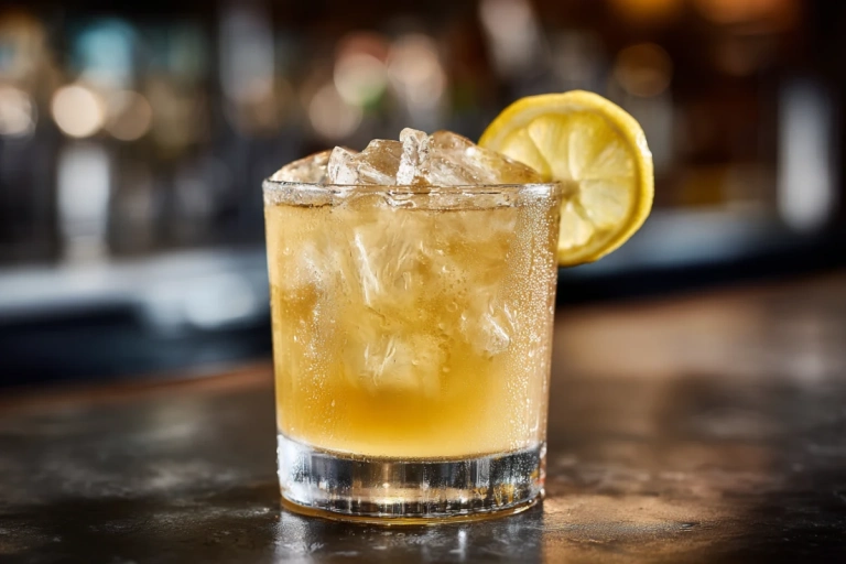 Färdig Whiskey Sour i tumbler med citronskiva och iskuber