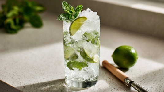 Alkoholfri mojito med krossad is, mynta och limeklyftor i highballglas