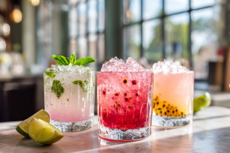 Färgglada alkoholfria drinkar med lime och mynta på en bardisk