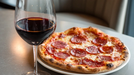 Glas Barbera d'Asti bredvid pizza med pepperoni