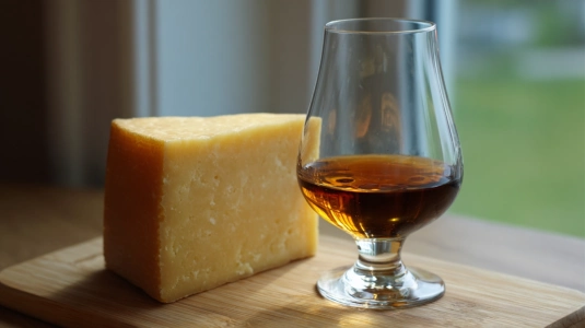 Glas Bual madeira bredvid lagrad comté-ost