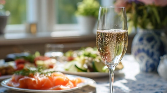Mousserande vin vid midsommarsbord med gravad lax