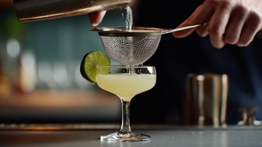 Cocktailshaker som silas genom finmaskig sil