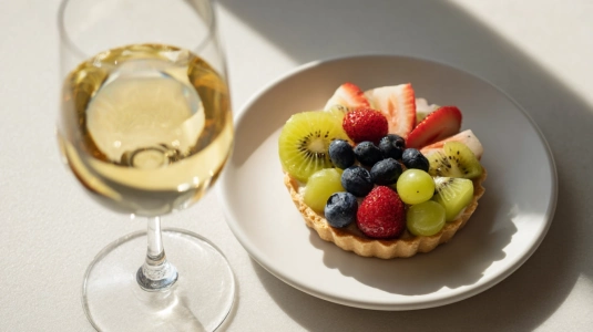 Glas dessertvin bredvid tallrik med fruktpaj