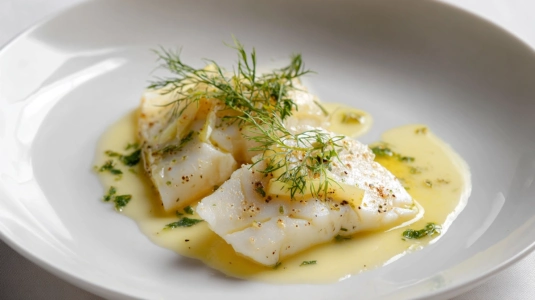 Stekt fisk med smörsås på tallrik