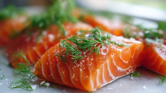 Närbild på gravad lax med dill