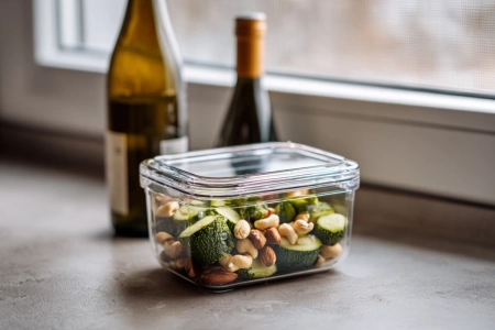 Matlåda med picklade grönsaker och rostade nötter bredvid vinflaska