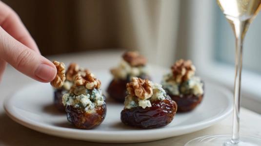 Fyllda dadlar med gorgonzola och valnöt på ett litet fat