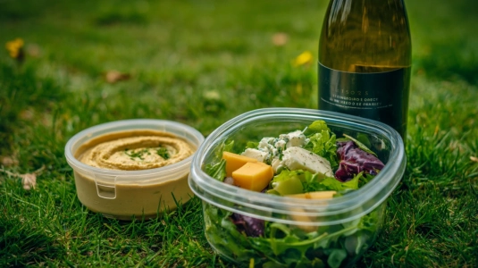 Matlåda med hummus och hårdost bredvid vinflaska i gräset