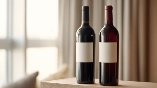 Pinot Noir och Merlot vinflaskor uppställda
