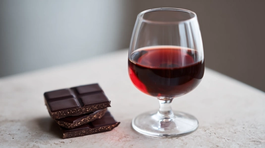 Glas med ruby port bredvid mörk choklad