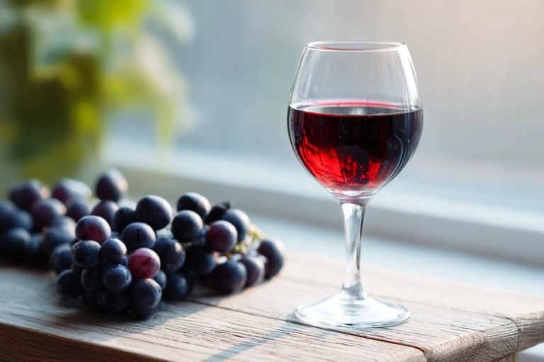 Glas rödvin med druvklase i bakgrunden