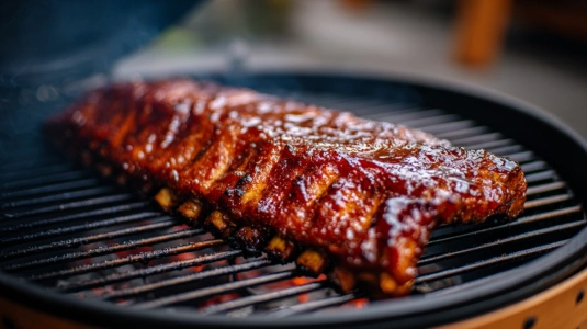 Revbensspjäll med klibbig honung- och srirachaglaze på klotgrill