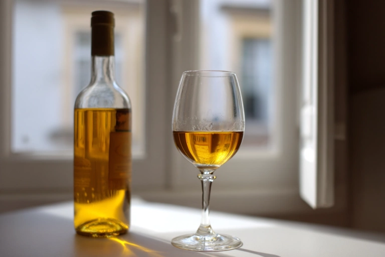 Glas med gyllene Sauternes-vin bredvid halvflaska
