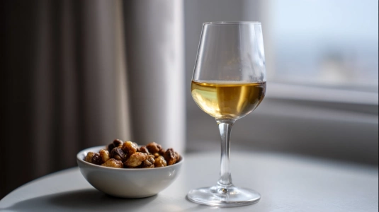 Glas med Sercial madeira bredvid saltrostade nötter