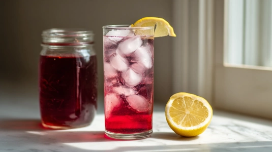 Hemgjord hallonshrub i glasburk bredvid en färdig shrub-drink med soda
