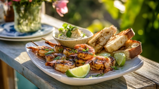 Räkspett med lime och hummus med grillat bröd på utomhusbord