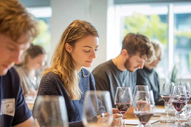 Vinprovning i klassrumsmiljö med deltagare som analyserar vin