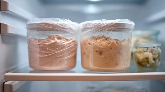 Glasburkar med hummus och skagenröra förberedda i kylskåp