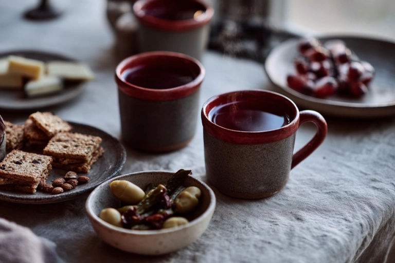 Uppdukat glöggbord med lagrad ost, picklade grönsaker och rostade nötter