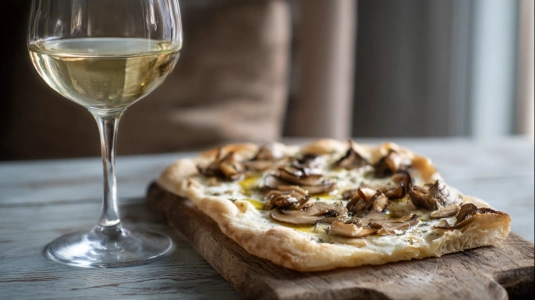 Glas vitt vin bredvid pizza bianca med svamp