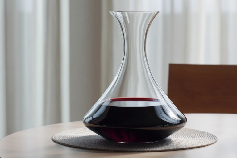 Vinkaraff med rött vin på bord