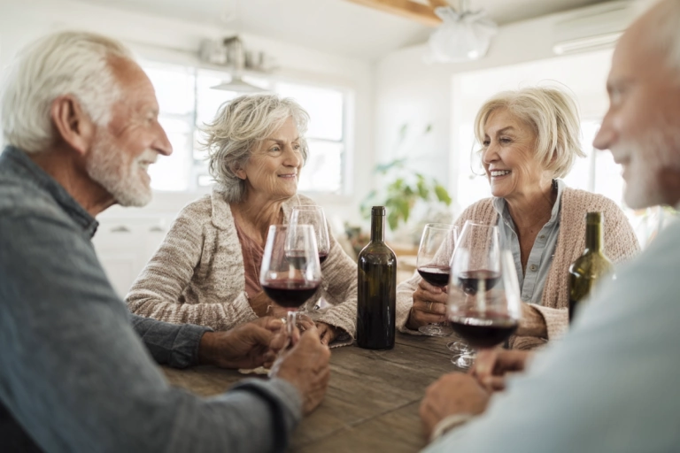 Liten grupp pensionärer som provar vin tillsammans runt ett bord
