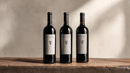 Tre flaskor Zinfandel uppställda på hylla