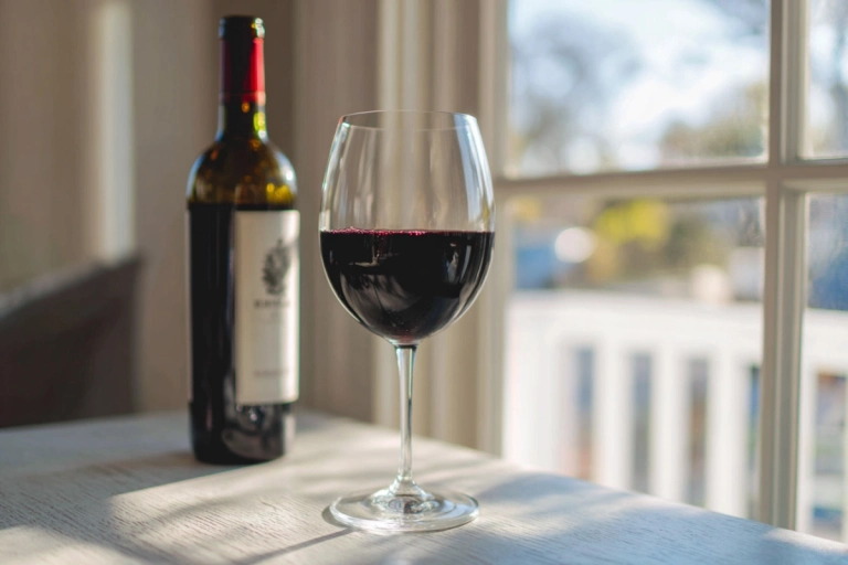 Glas med rött vin bredvid flaska Zinfandel
