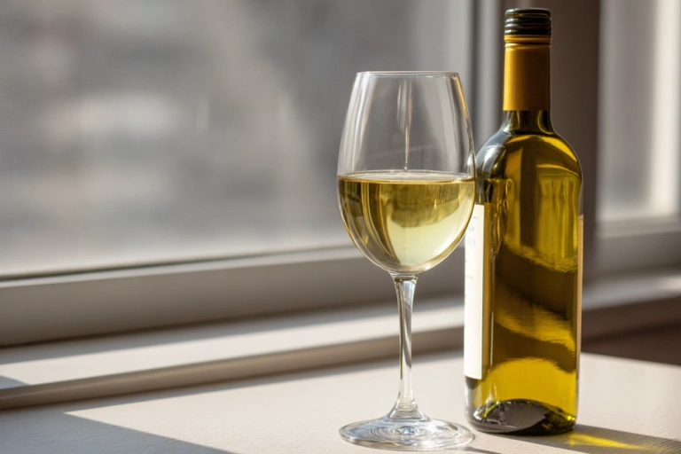 Glas med vitt vin bredvid albariño-flaska