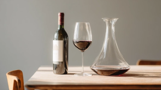 Barbaresco-flaska med glas och karaff