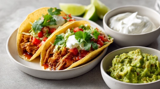 Skålar med gräddfil och guacamole bredvid tacos