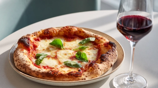 Pizza margherita med glas lambrusco vid sidan