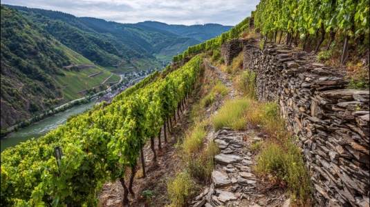 Branta vinodlingsterrasser med skifferjord längs Mosel