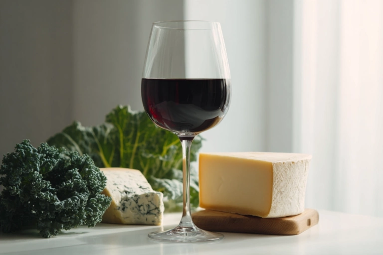 Glas rött vin bredvid kalciumrika livsmedel på bord