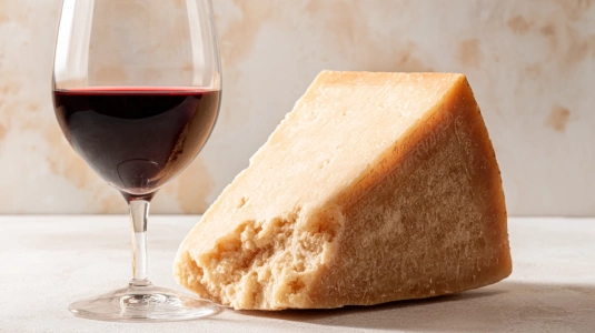 Bit lagrad parmigiano reggiano med glas Nebbiolo