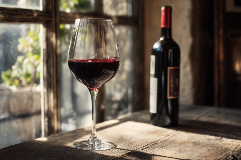 Glas ripasso-vin bredvid flaska på bord