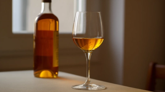Glas med Tokaji Aszú bredvid flaska