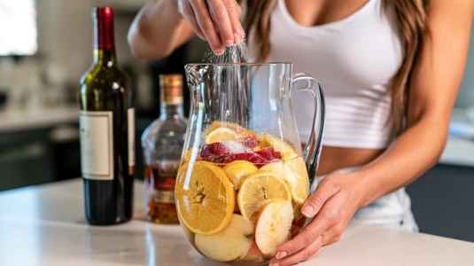 Hand strör socker över fruktskivor i en kanna innan vinet hälls på
